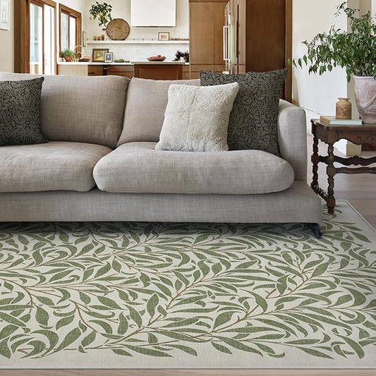 RUGGABLE x Morris & Co Washable Area Rug– Pure Willow Boughs Green 6x9, Stain-Resistant, Non-Slip – Medium Machine Washable Rugs for Living Room, Bedroom, Hallway, Entryway & Office–with Standard Pad