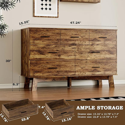 Dresser for Bedroom with 7-Drawer, 47.2" Wide Modern Chest of Drawers with Metal Handles, X-Shape Base & Adjustable Center Leg, Anti-Tip Closet Organizers and Storage