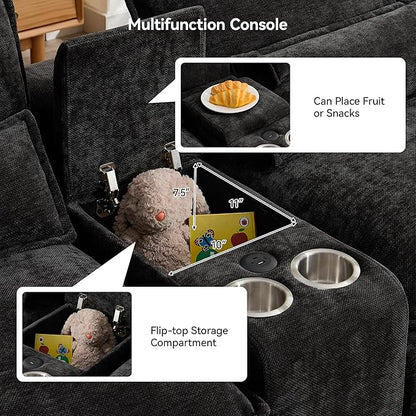 U Shaped Sectional Sofa with Storage Console, Cup Holders & USB Ports, Small Modular Cloud Couch with Deep Seats, Modern Comfy Living Room Sofa for Apartment, Chenille Black
