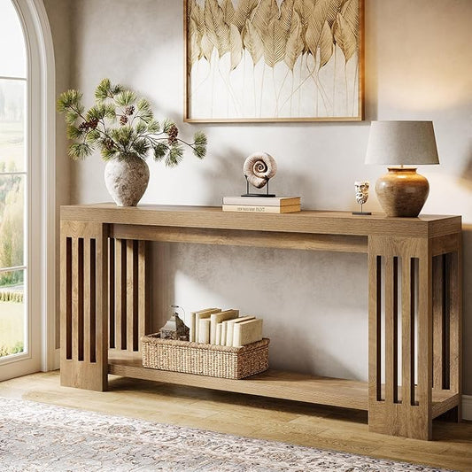 Tribesigns 70.9-Inch Extra Long Entryway Table, Farmhouse Sofa Console Table with Vertical Stripe Legs, 2-Tier Entry Furniture for Living Room, Hallway, Entrance (Light Brown)