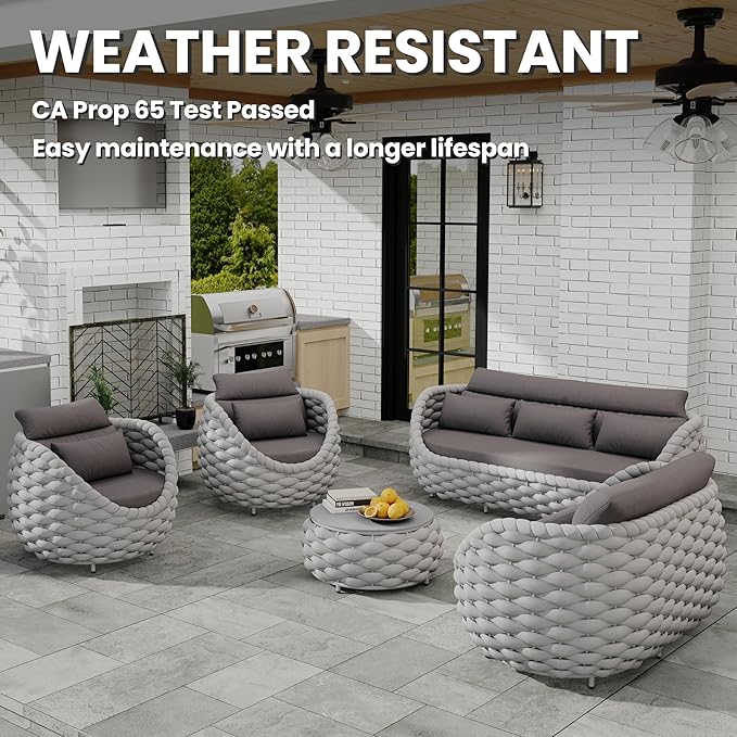 Lanai Outdoor Furniture Set: 6-Piece Aluminum Woven Rope Patio Conversation Sofa Set w/Table - Modern Cushions Couch Set - No Assembly Metal Porch Seating for Deck Yard Garden Pool Hotel Resort