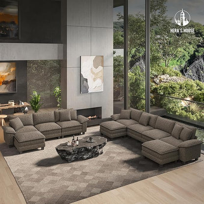 HERA'S HOUSE 124" Modular Sectional Sofa, Oversized L Shaped Couches for Living Room, Comfy Cloud Couch with Ottoman, 4-Seater Deep Seat Sofa with Throw Pillow, Chenille Ash