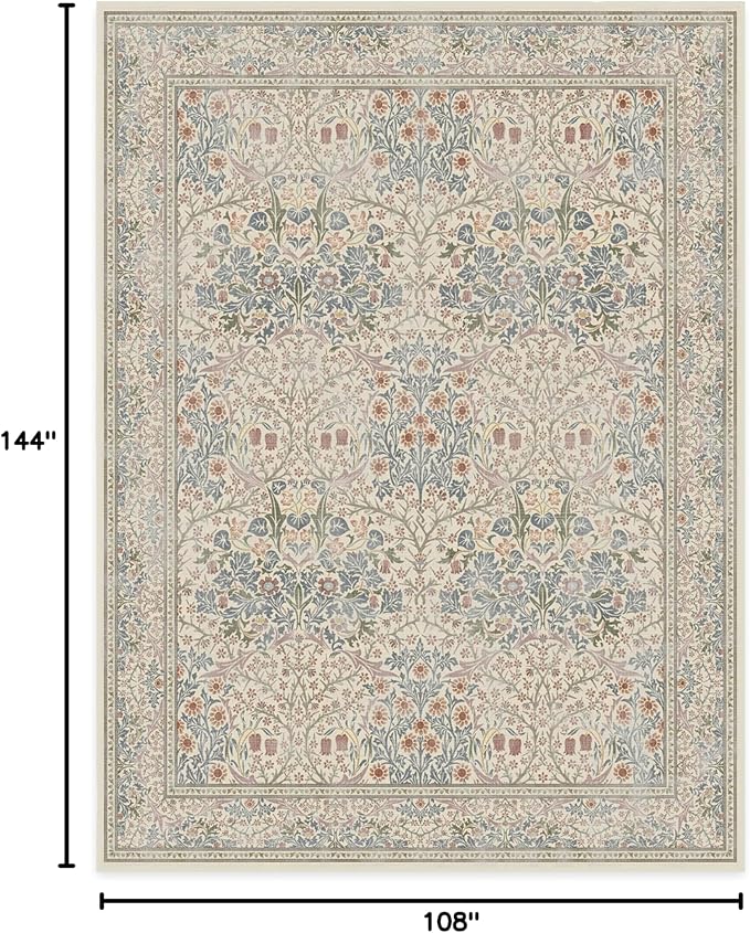 RUGGABLE x Morris & Co Washable Area Rug – Blackthorn Ivory Blue 9x12, Stain-Resistant, Non-Slip – Large Machine Washable Rugs for Living Room, Bedroom, Hallway, Entryway & Office–with Standard Pad