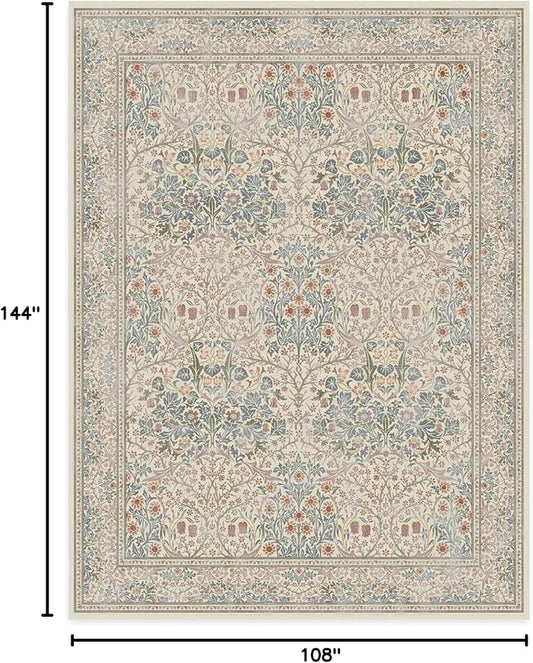 RUGGABLE x Morris & Co Washable Area Rug – Blackthorn Ivory Blue 9x12, Stain-Resistant, Non-Slip – Large Machine Washable Rugs for Living Room, Bedroom, Hallway, Entryway & Office–with Cushioned Pad