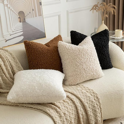 Pack of 2 Curly Teddy Wool Faux Fur Throw Pillow Covers Fuzzy Accent Soft Sherpa Pillowcases Sheepskin Fleece Decorative Cushion Case for Sofa Couch Living Room 12x20 Inch Black