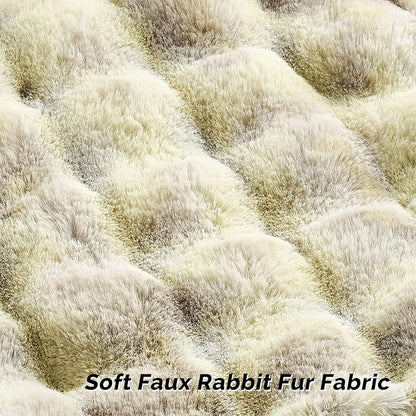 FUTEI Green White Decorative Throw Pillow Covers 16x16 Inch Set of 2,Soft Fuzzy Faux Rabbit Fur Cushion Covers with Raised Texture,Neutral Boho Home Decor for Couch Bed Living Room