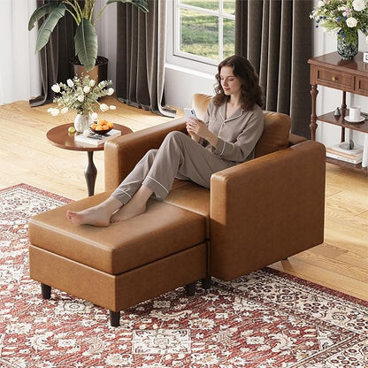 ABCASA Faux Leather Oversized Accent Chair with Storage Deep Seat Single Sofa Large Reading Armchair for Living Room Bedroom Office Brown Set of 2