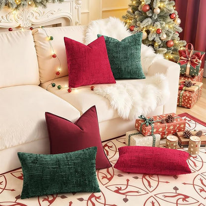 decorUhome Christmas Green Chenille Throw Pillow Covers 18x18 Set of 2 Thick Textured Slubby Couch Pillow Covers Farmhouse Accent Modern Neutral Decorative Pillow Cases for Bed Sofa Living Room