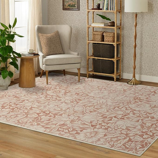 RUGGABLE x Morris & Co Washable Area Rug – Mallow Rust Red 5x7, Stain-Resistant, Non-Slip – Medium Machine Washable Rugs for Living Room, Bedroom, Hallway, Entryway & Office–with Cushioned Pad