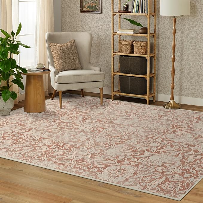 RUGGABLE x Morris & Co Washable Area Rug – Mallow Rust Red 5x7, Stain-Resistant, Non-Slip – Medium Machine Washable Rugs for Living Room, Bedroom, Hallway, Entryway & Office–with Standard Pad