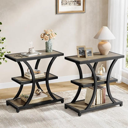 Tribesigns End Table with Storage, 3-Tier Side Table with Geometric Metal Design, Industrial Nightstand for Small Spaces, Living Room, Bedroom, Study Room (2, Grey)