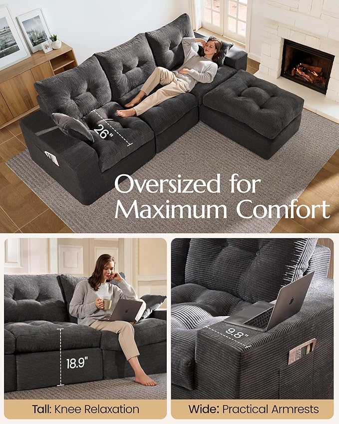 High Back Boneless Couch, U Shaped Cloud Couch with Versatile 2-Pack Pillow Blankets, Corduroy Modular Sectional Sofa with Ottoman, No Assemble Sectional Couches for Living Room, Dark Grey