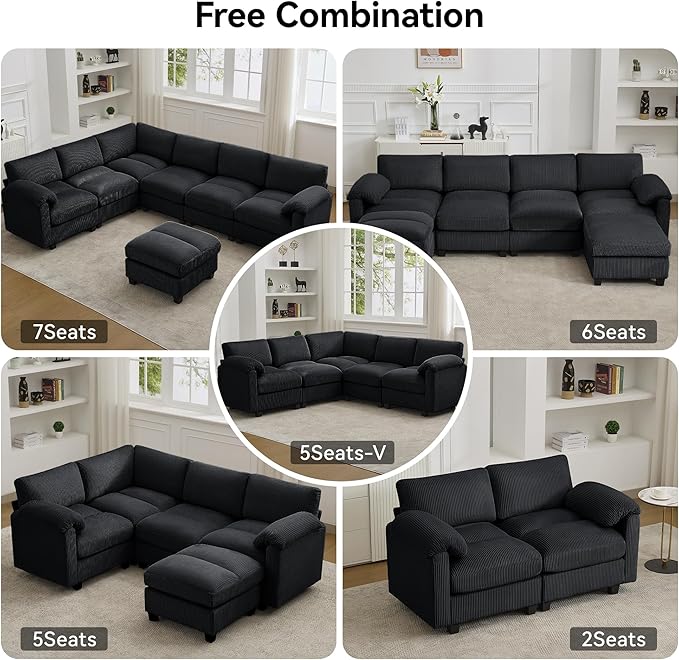 118'' U-Shaped Sectional Couch with 2 Ottoman, Oversized Modular Couches for Living Room, Corduroy Deep Seat Cloud Sofa with Center Stitched, Black