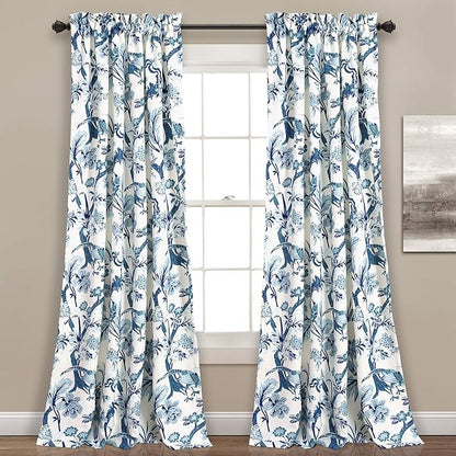 Lush Decor Dolores Light Filtering Window Panels, Pair, 52" W x 108" L, Blue - Floral Curtains for Bedroom - Vintage Curtains - Coquette Room Decor
