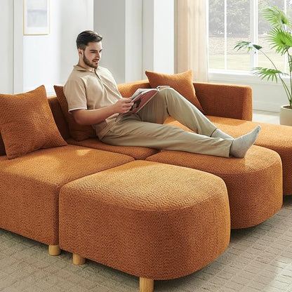 VANOMi 109.84" Modular Sectional Sofa with 3 Pillows, Convertible 5-Seater Comfy Boucle Cloud Couch with Ottoman, Modern Sectional Sofas for Living Room, Office, Apartment (Curry)