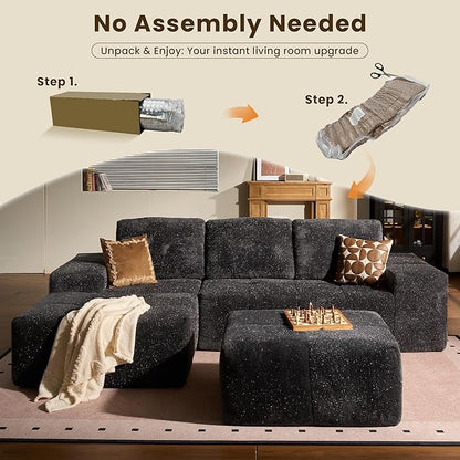 114" Glitter Cloud Sectional Couch with L-Shape Chaise & Ottoman, Modern Boneless Couches for Living Room, Fluffy Tufted Deep Seat Modular Sofa No Assembly (Gray Sparkly Velvet,Left Facing)