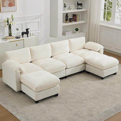 118'' U-Shaped Sectional Couch with 2 Ottoman, Oversized Modular Couches for Living Room, Corduroy Deep Seat Cloud Sofa with Center Stitched, Beige