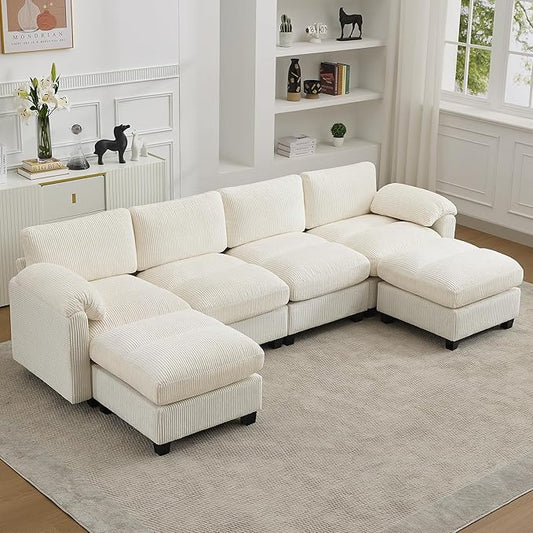 118'' U-Shaped Sectional Couch with 2 Ottoman, Oversized Modular Couches for Living Room, Corduroy Deep Seat Cloud Sofa with Center Stitched, Beige