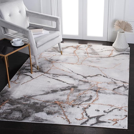 SAFAVIEH Craft Collection Area Rug - 6'7" Square, Grey & Orange, Modern Abstract Marble Pattern Design, Non-Shedding & Easy Care, Ideal for High Traffic Areas in Living Room, Bedroom (CFT877P)