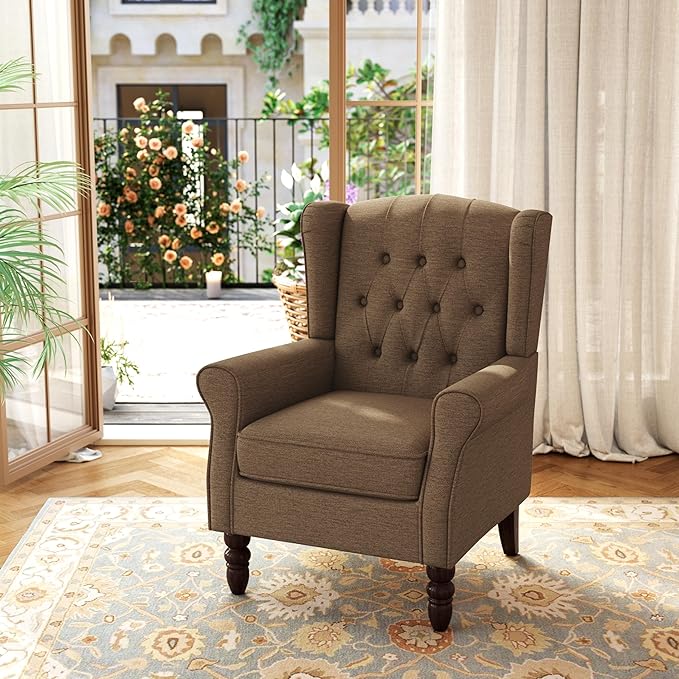 Accent Chair, Upholstered Armchair with Button Tufted High Back & Solid Wood Legs, Comfy Wingback Reading Single Sofa Chair for Small Spaces, Living Room, Bedroom (Brown, Set of 2)