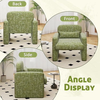 LSSPAID Modern Accent Chairs, Chenille Fabric Armchairs for Living Room, Comfy Upholstered Leisure Single Sofa Chair with Lumbar Pillow for Bedroom, Balcony, Office (Green, Set of 1)