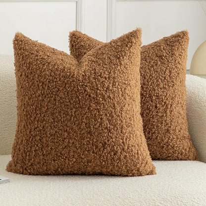 Pack of 2 Curly Teddy Wool Faux Fur Throw Pillow Covers Fuzzy Accent Soft Sherpa Pillowcases Sheepskin Fleece Decorative Cushion Case for Sofa Couch Living Room 20x20 Inch Bronze