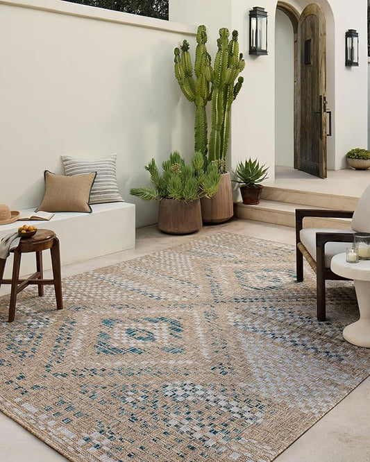 Loloi Amber Lewis Topanga Collection TOP-04 Natural/Aqua 2'-3" x 3'-9" Indoor/Outdoor Area Rug