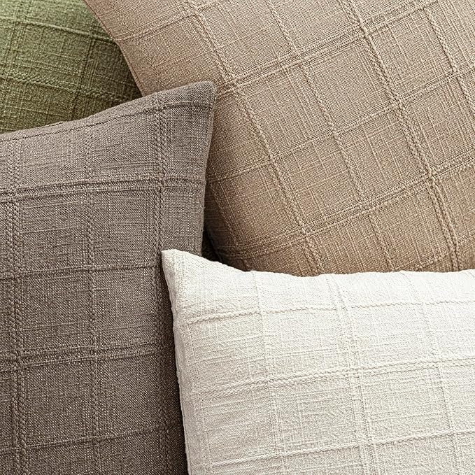Foindtower Set of 2 Decorative Linen Check Throw Pillow Covers Neutral Farmhouse Lumbar Cushion Covers Modern Coastal Boho Home Decor for Sofa Chair Couch Bedroom Living Room,12×24 Inch,Camel