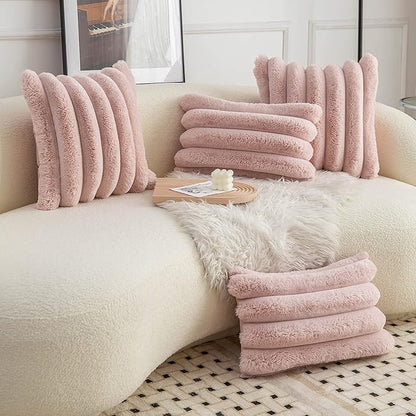 Neelvin Pink Faux Fur Cozy Soft Striped Decorative Throw Pillow Covers 20x20 inch Set of 2,Velvet Pillowcase Cushion Case for Sofa Couch
