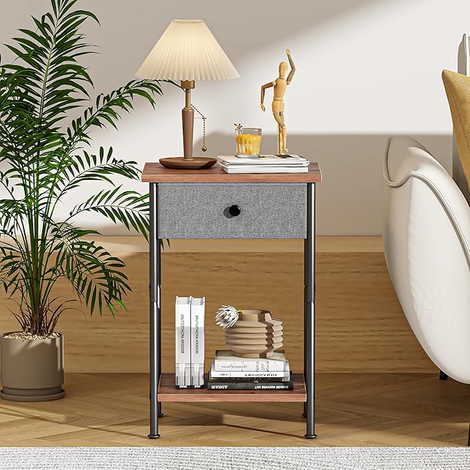VECELO End Tables, Modern Nightstand with Fabric Drawer & Open Shelf, Night Stand for Bedroom Living Room, Industrial Metal Frame, Easy Assembly, Retro Brown,1 Pack