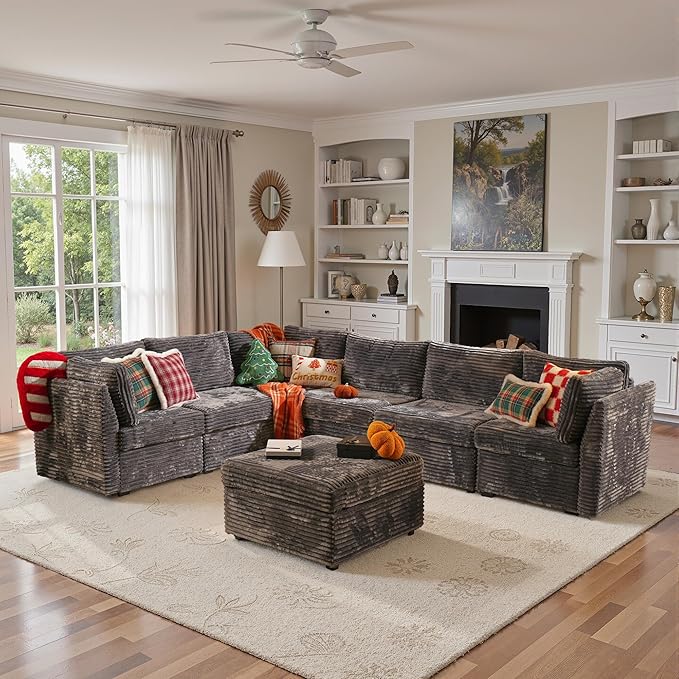 130'' Modern Modular Sectional Sofa with Ottoman, 7 Pieces L Shaped Cloud Couch for Living Room, Oversized Deep Seat Convertible Sofa Set, Plush Corduroy Gray