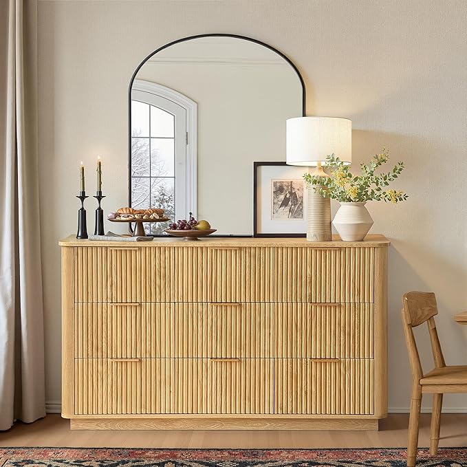 win2win 9 Drawer Dresser, Mid Century Modern Dresser with Storage, 55" Wide Fluted Chest of Drawers with Faux Marble Top, Dressers TV Stand, Drawers Organizer for Bedroom, Living Room, Hallway Oak