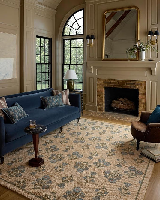 Loloi Chris Loves Julia Rue Collection RUE-04 Moss/Blue 5'-0" x 7'-6" Area Rug Jute Neutral Floral Living Room Bedroom Rug