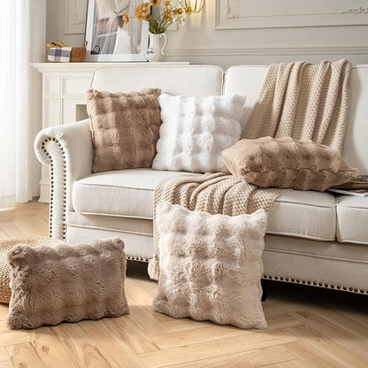Pack of 2 Thick Plush Throw Pillow Covers Fluffy Wave Faux Fur Decorative Cushion Covers Soft Wool Pillowcase for Sofa Couch Livingroom 12x20 Inch Taupe