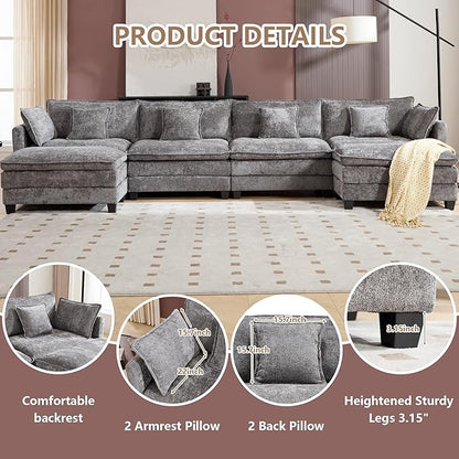 Plush Modular Cloud Sofa Set with Ottoman | L/U-Shaped Deep Seating Chenille Sectional for Family Living Room