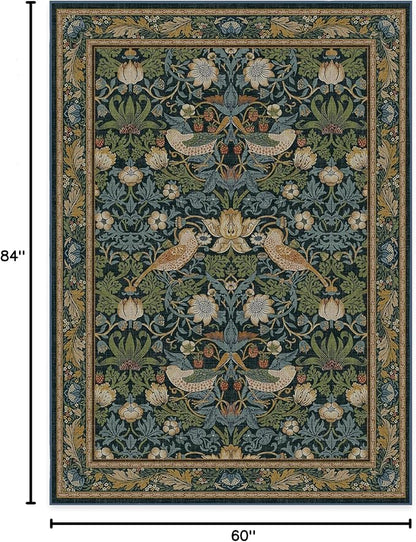 RUGGABLE x Morris & Co Washable Area Rug – Strawberry Thief Indigo 5x7, Stain-Resistant, Non-Slip – Medium Machine Washable Rugs for Living Room, Bedroom, Hallway, Entryway & Office–with Standard Pad
