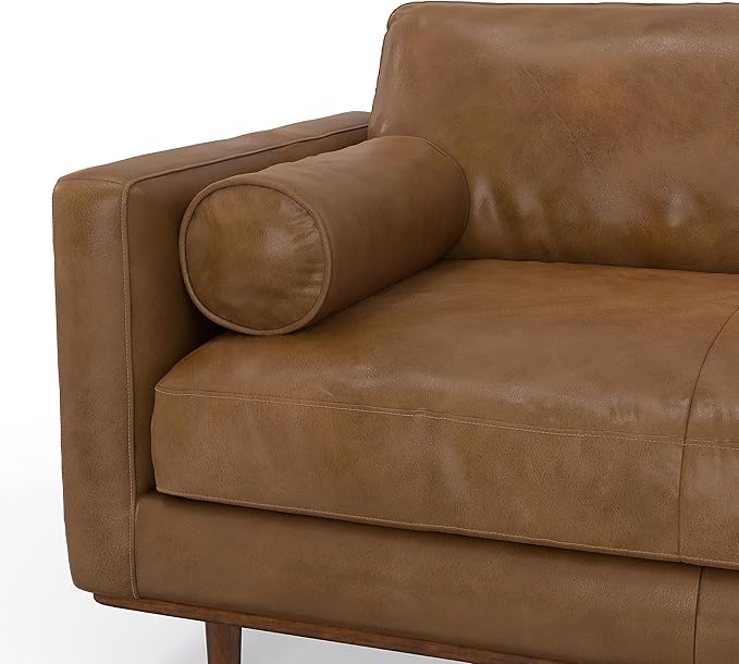 SIMPLIHOME Morrison 89-inch Wide Sofa in Caramel Brown Top Grain Genuine Leather, Mid-Century Modern Design Couch for Living Room, Single Bench Cushion, 2 Back Cushions, 2 Bolster Pillows