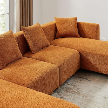 VANOMi 113" Sectional Sofa with 4 Pillows, U-Shaped 4-Seater Comfy Boucle Cloud Couch, Modern Double Chaises Lounge Sofas for Living Room, Office, Apartment (Curry-U)