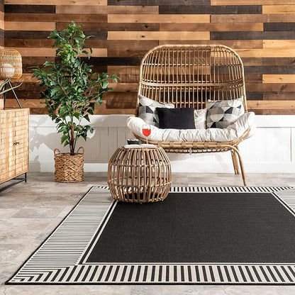 nuLOOM 8' x 10' Outdoor Area Rug, Casual Design With Striped Border, Stain Resistant, Highly Durable, For Patio, Balcony, Bedroom, Living Room, Dining Room, Bathroom, Black