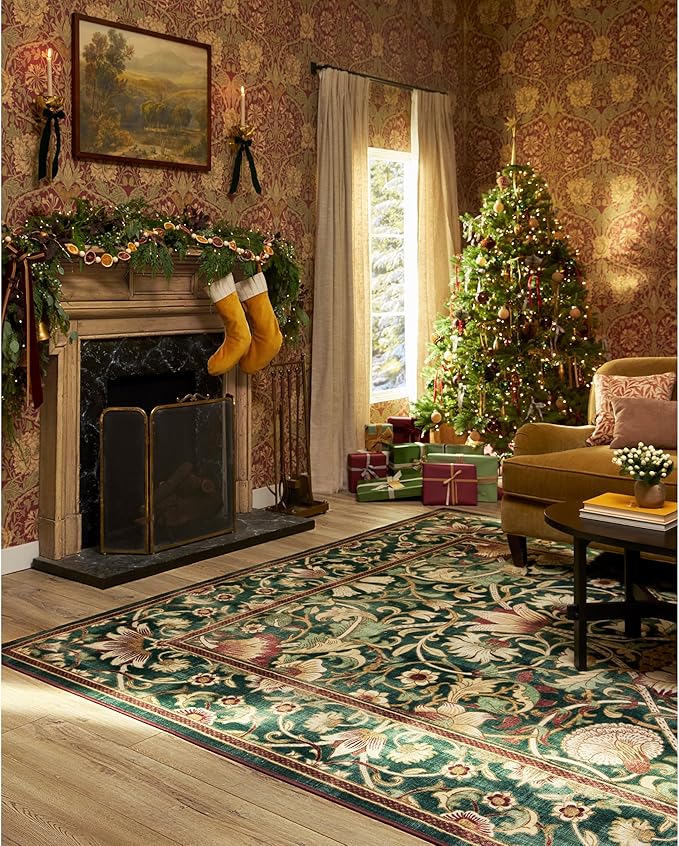 RUGGABLE x Morris & Co Machine Washable Area Rug – Lodden Soft Evergreen & Gold 10x14, Stain-Resistant, Non-Slip – Large Rugs for Living Room, Bedroom, Hallway, Entryway & Office–with Cushioned Pad