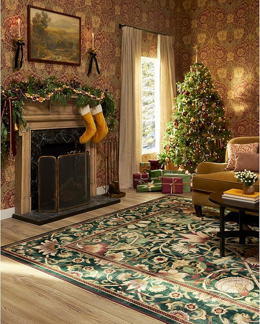 RUGGABLE x Morris & Co Machine Washable Area Rug – Lodden Soft Evergreen & Gold 8x10, Stain-Resistant, Non-Slip – Large Rugs for Living Room, Bedroom, Hallway, Entryway & Office–with Standard Pad