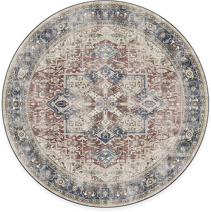 RUGGABLE Washable Vintage Area Rug – Kamran Royal Blue 6 ft Round, Stain-Resistant, Non-Slip – Medium Machine Washable Rugs for Living Room, Bedroom, Hallway, Entryway & Office–with Standard Pad