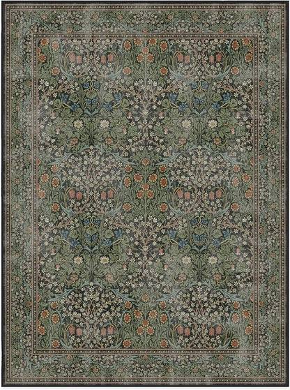 RUGGABLE x Morris & Co Washable Area Rug– Blackthorn Forest Green 9x12, Stain-Resistant, Non-Slip – Large Machine Washable Rugs for Living Room, Bedroom, Hallway, Entryway & Office–with Cushioned Pad