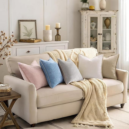 decorUhome Chenille Soft Throw Pillow Covers 26x26 Set of 2, Farmhouse Velvet Neutral Decorative Euro Pillow Covers with Stitched Edge for Couch Sofa Bed Home Decor, Beige