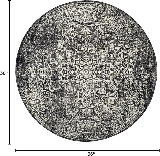 SAFAVIEH Evoke Collection Area Rug - 3' Round, Black & Grey, Distressed Design, Non-Shedding & Easy to Clean, Ideal for Foyer, Bedroom, Accent Space (EVK256R)