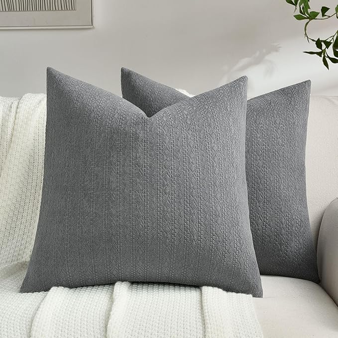 FUTEI Dark Grey Chenille Throw Pillow Covers 16x16 Inch Set of 2,Soft Striped & Diamond Textured Cushion Cases,Modern Home Decor for Couch Living Room