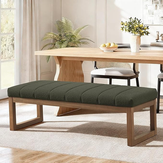 52.7" Bedroom Bench for End of Bed, Modern Upholstered Teddy Fabric Entryway Bench & Dining Bench, Footrest Stool Bench with Solid Wood Frame for Bedroom, Living Room (Green)