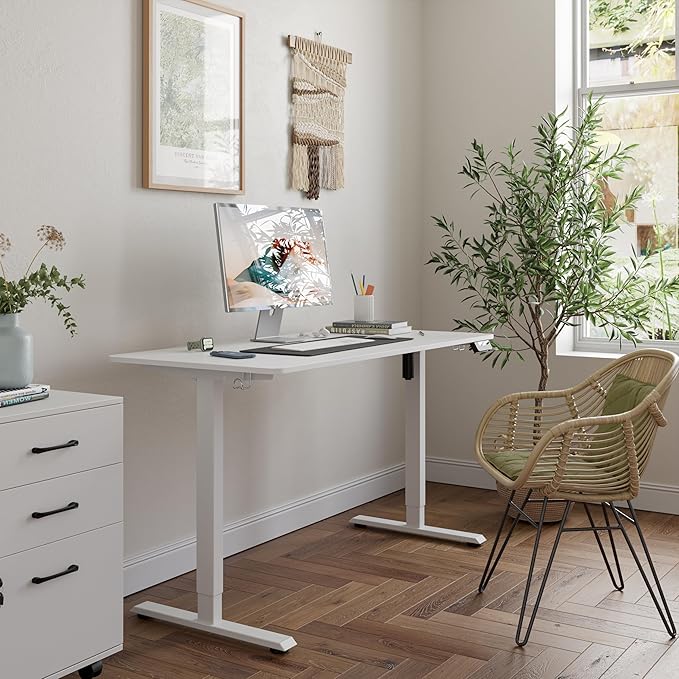 FEZIBO One-Piece Standing Desk Adjustable Height Stand up Home Office Desk, 48x24 Inch Electric Standing Computer Desk, with 4 Memory Presets, Headphone Hook, White