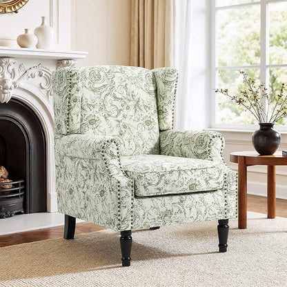 Accent Chair, Upholstered High Back Floral Armchair with Nailhead Trim & Wood Legs, Comfy Wingback Reading Single Sofa Chair for Small Spaces, Living Room, Bedroom-Floral Rococo Green, Set of 2