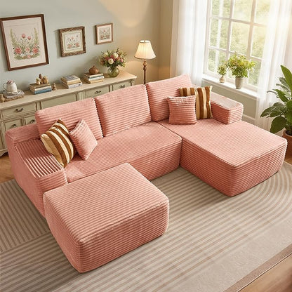 106" Cloud Sectional Couch with L-Shape Chaise & Ottoman, No Assembly Modular Sofa, Deep Seat Plush Corduroy Boneless Couched for Living Room (Pink Plush Corduroy, Right Facing Chaise with Ottoman)
